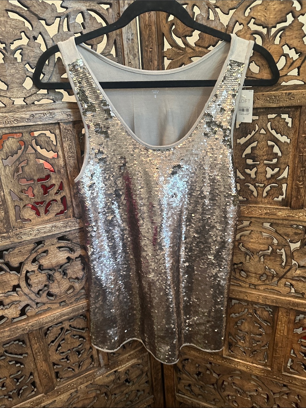 LOFT Silver Sequin Scoop Neck Tank Top Size S